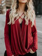 Choies Red V-neck Cross Strap Long Sleeve Blouse