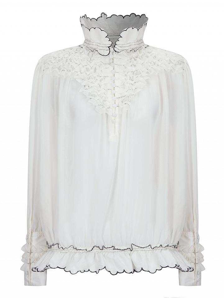 Choies White High Neck Frill Trims Blouse