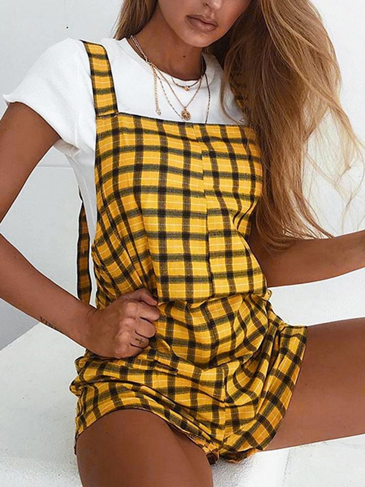 Choies Yellow Plaid Buckle Strap Open Back Chic Women Romper Playsuit