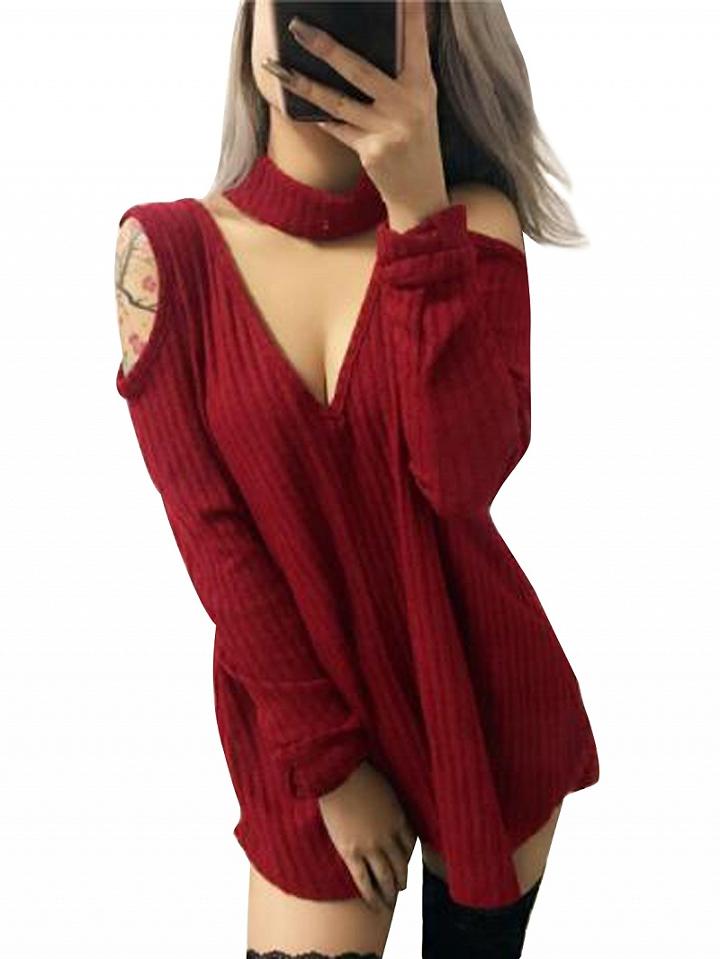 Choies Burgundy Choker Neck Plunge Cold Shoulder Long Sleeve Mini Dress