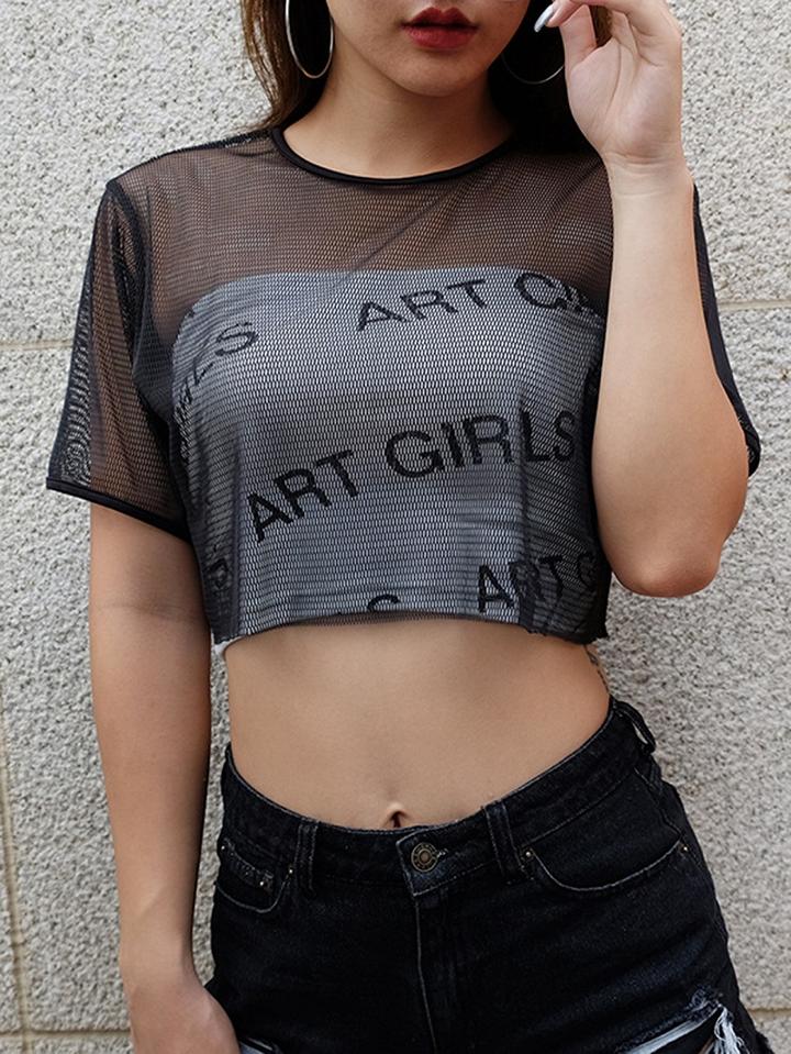 Choies Black Short Sleeve Chic Women Sheer Mesh Crop Blouse