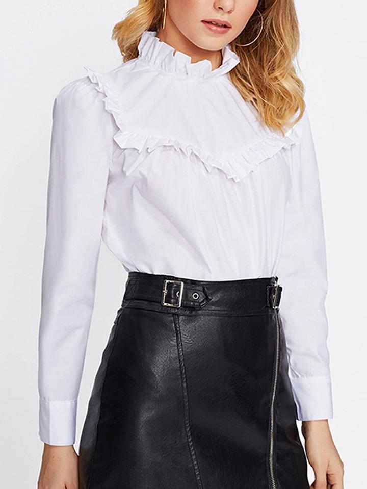 Choies White Stand Collar Ruffle Trim Long Sleeve Blouse