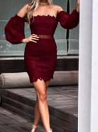 Choies Burgundy Off Shoulder Puff Sleeve Chic Women Lace Bodycon Mini Dress
