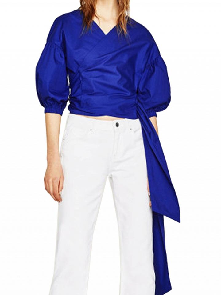 Choies Blue Wrap Front Tie Waist Puff Sleeve Top