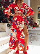 Choies Red V-neck Floral Print Tie Waist Flare Sleeve Maxi Dress