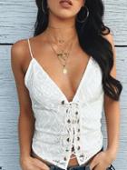 Choies White Plunge Lace Up Front Lace Cami Top