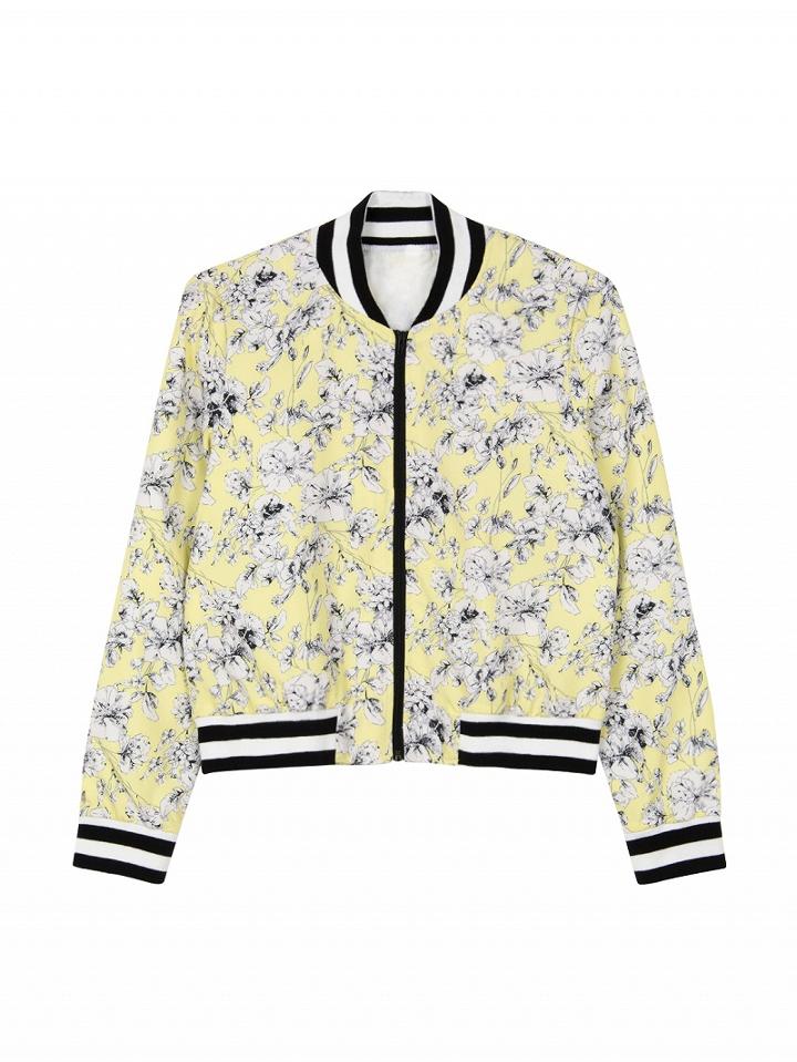Choies Yellow Retro Floral Print Ribbed Trims Baseball Jacket