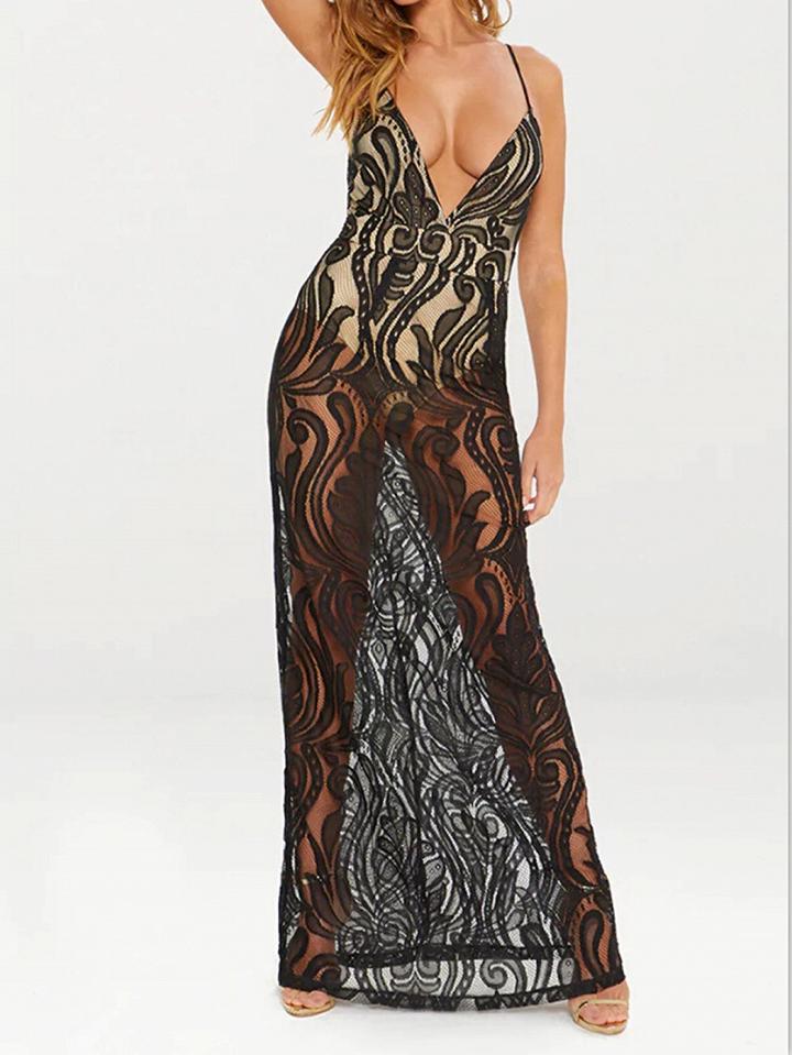 Choies Black Lace Plunge Spaghetti Strap Cut Out Chic Women Maxi Dress