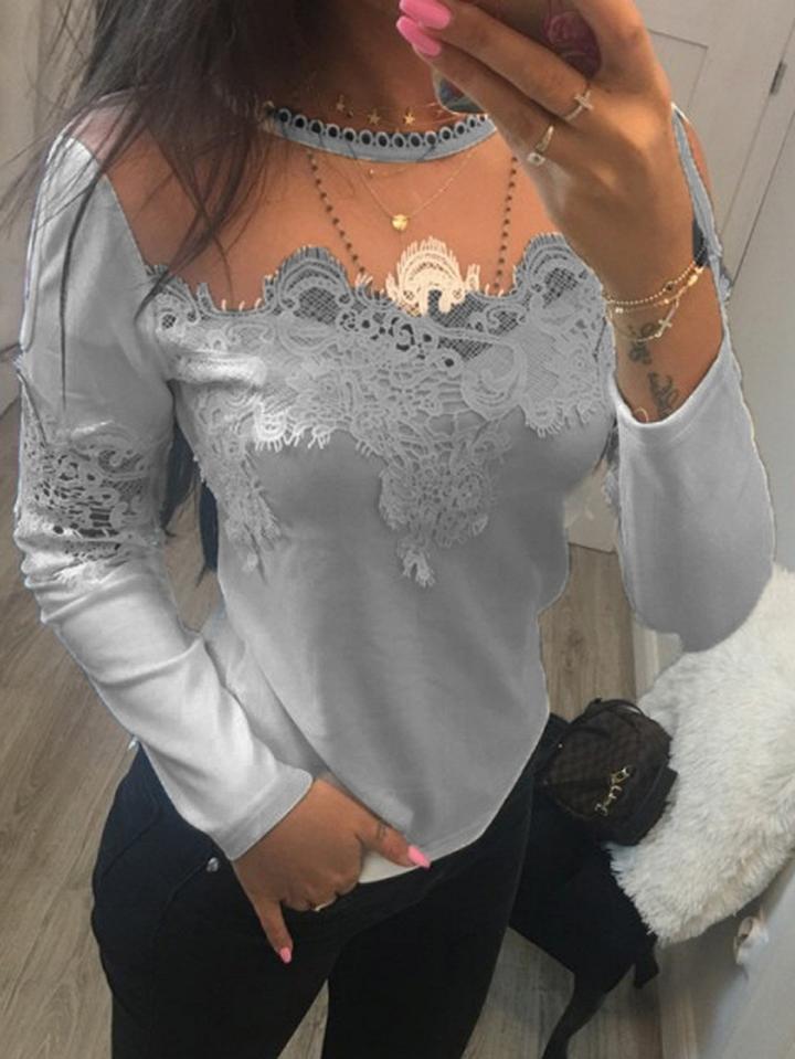Choies Gray Mesh Lace Panel Long Sleeve T-shirt