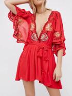 Choies Red Deep V Embroidery Slit Ruffle Sleeve Dress