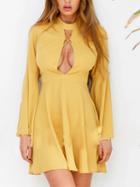 Choies Yellow Lace Up Detail Open Back Flare Sleeve Mini Dress