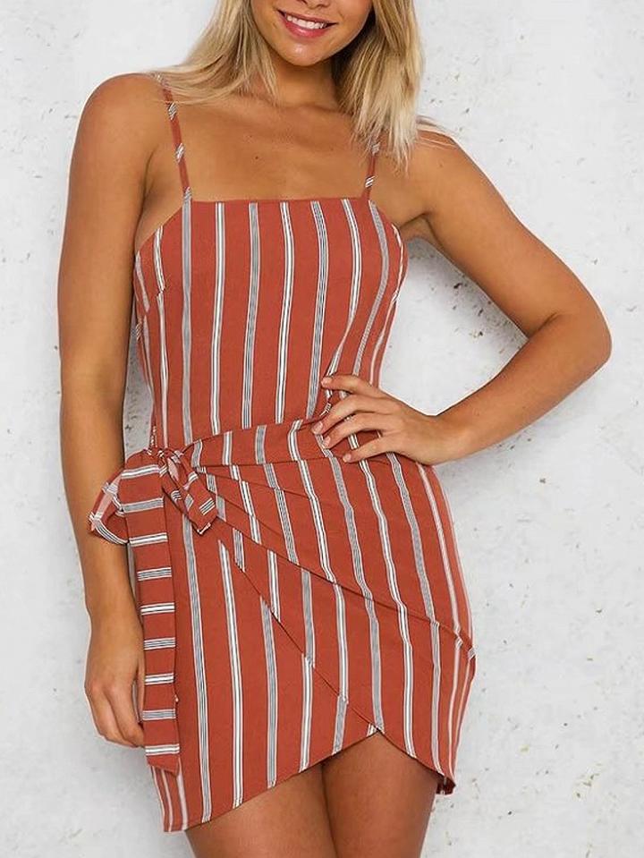 Choies Brownish Red Stripe Open Back Wrap Tie Side Strap Mini Dress