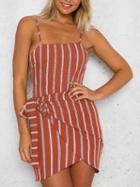 Choies Brownish Red Stripe Open Back Wrap Tie Side Strap Mini Dress