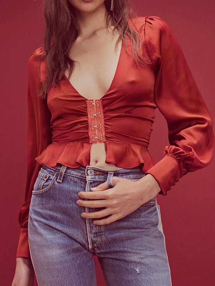 Choies Red Plunge Ruffle Hem Puff Sleeve Women Crop Shirt