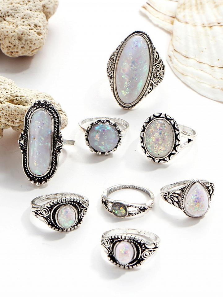 Choies White Opal Carve Pattern Vintage Women Eight Pieces Set Rings