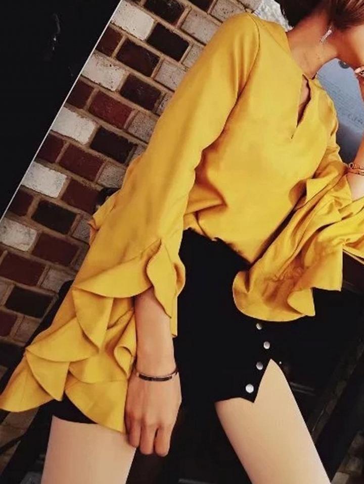 Choies Yellow V-neck Ruffle Trim Long Sleeve Blouse