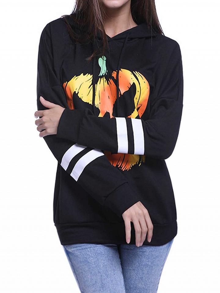 Choies Black Halloween Pumpkin Print Stripe Panel Long Sleeve Fleece Hoodie