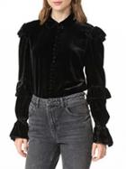 Choies Black Velvet Ruffle Trim Long Sleeve Shirt