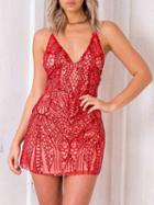Choies Red Plunge Open Back Sequin Detail Cami Mini Dress