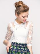 Choies White Beaded Collar Embroidery Organza Shirt