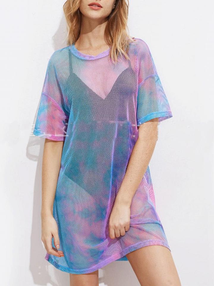 Choies Polychrome Crew Neck Chic Women Sheer Mesh Blouse