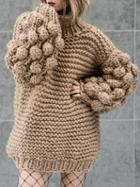 Choies Brown High Neck Puff Sleeve Chunky Knit Sweater