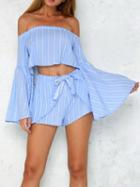 Choies Blue Stripe Off Shoulder Bell Sleeve Top And Wrap Tie Bottom