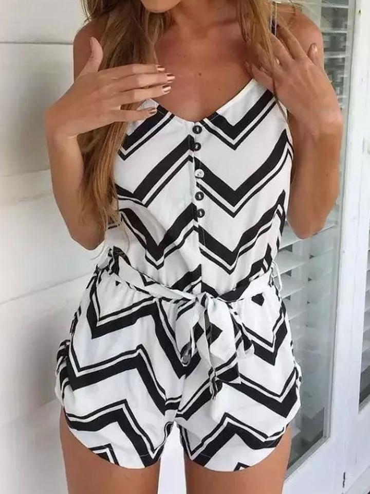 Choies White Chevron Pattern Spaghetti Strap Tie Waist V-neck Romper Playsuit