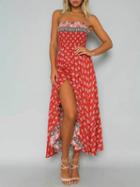 Choies Red Strapless Tribal Print Shirred Split Maxi Dress