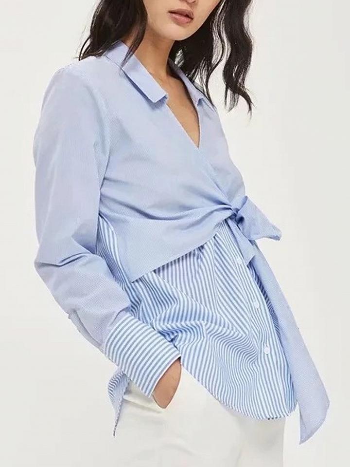 Choies Blue Stripe Wrap Front V-neck Tie Side Long Sleeve Shirt