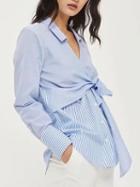 Choies Blue Stripe Wrap Front V-neck Tie Side Long Sleeve Shirt