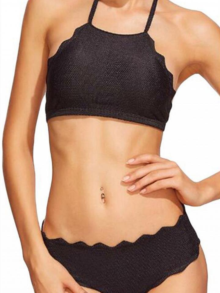 Choies Black Halter Scalloped Hem Padded Bikini Top And Bottom