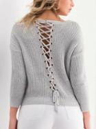 Choies Gray V-neck Lace Up Back Knit Sweater