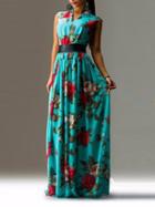 Choies Green V Neck Floral Belt Waist Sleeveless Maxi Dress