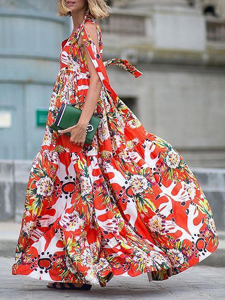 Choies Red V-neck Floral Print Tie Detail Maxi Dress