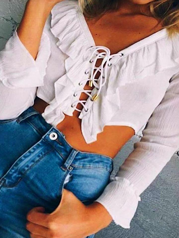 Choies White Lace Up Ruffle Bell Sleeve Crop Blouse