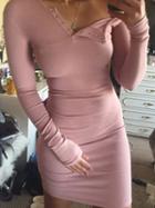 Choies Pink One Shoulder Long Sleeve Ribbed Bodycon Dress