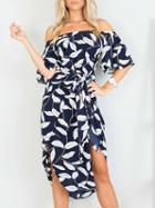 Choies Dark Blue Off Shoulder Leaf Print Thigh Split Detail Midi Dress