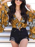 Choies Yellow V-neck Floral Print Ruffle Trim Flare Sleeve Crop Blouse