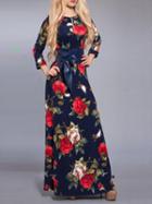 Choies Multicolor Floral Print Bow Belt Long Sleeve Maxi Dress