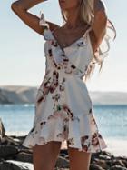 Choies White Spaghetti Strap V-neck Floral Print Ruffle Trim Mini Dress
