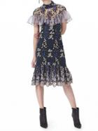 Choies Navy Sheer Embroidery Floral Ruffle Trim Bodycon Midi Dress