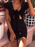 Choies Black V-neck Button Placket Front Chic Women Bodycon Mini Dress