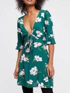 Choies Green Plunge Floral Print Bow Tie Front Mini Dress