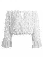 Choies White Off Shoulder 3d Flower Long Sleeve Blouse