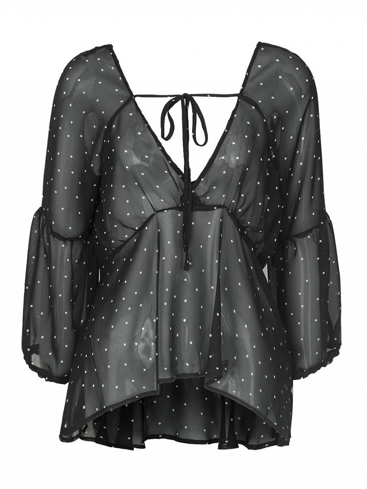 Choies Black Plunge Neck Polka Dot Tie Detail Blouse