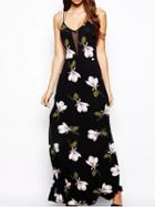 Choies Dark Blue Floral Leaves Print Mesh Insert Strappy Back Split Maxi Dress