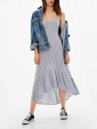 Choies Blue Stripe V-neck Lace Up Back Cut Out Ruffle Dipped Hem Midi Dress