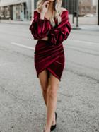 Choies Burgundy V-neck Puff Sleeve Chic Women Bodycon Mini Dress