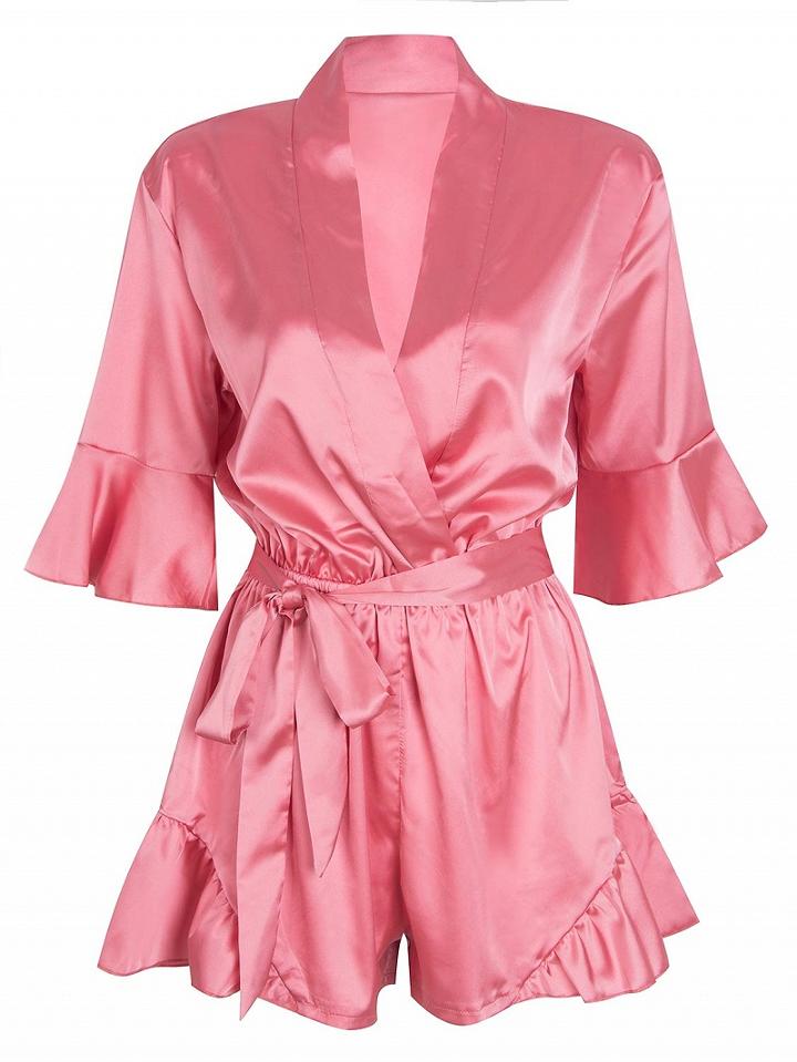 Choies Pink Wrap V-neck Ruffle Sleeve Tie Waist Sateen Romper Playsuit